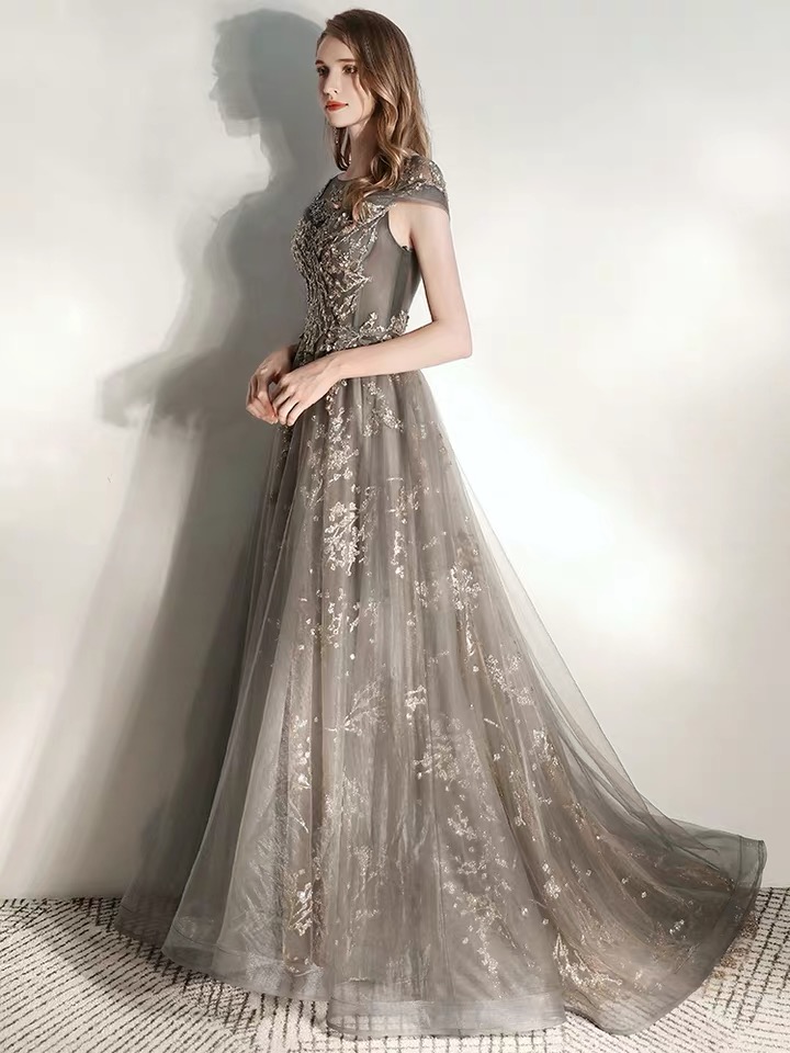 O-neck Evening Dress, Temperament, Queen Party Dress, Gray Evening ...