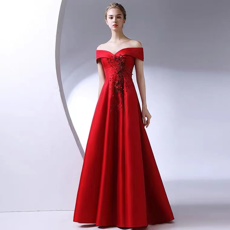 Noble, Elegant, Atmospheric, Red Satin Off Shoulder Evening Dress ...