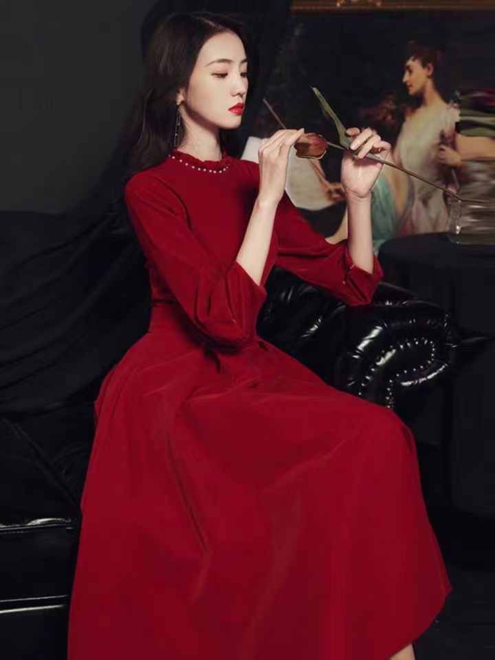 Red Homecoming Dress,velvet Dress,long Sleeves Midi Dress,custom Made ...