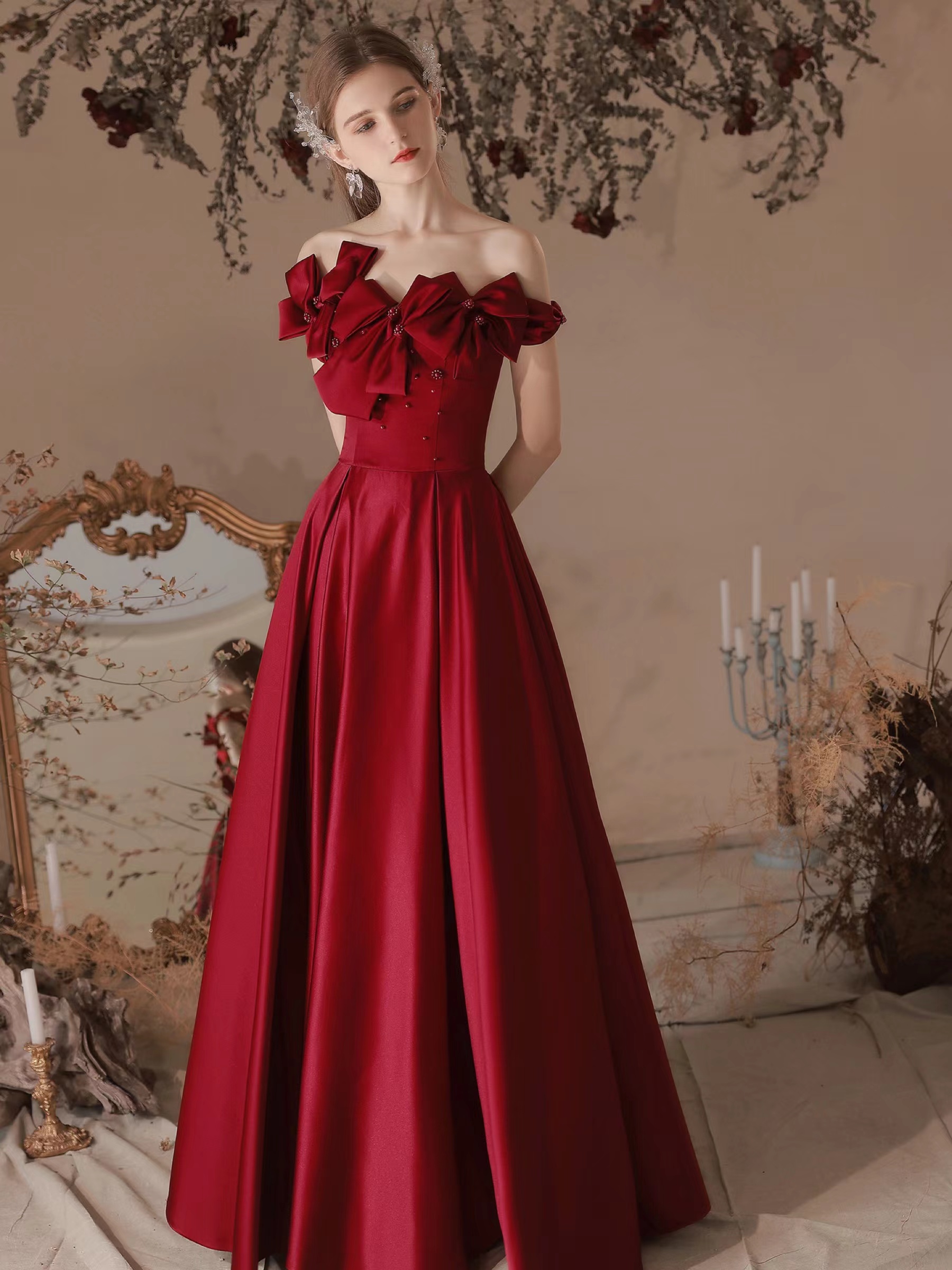 Satin Red Dress, Off Shoulder Super Fairy Dress, Charming Sweet Bow ...