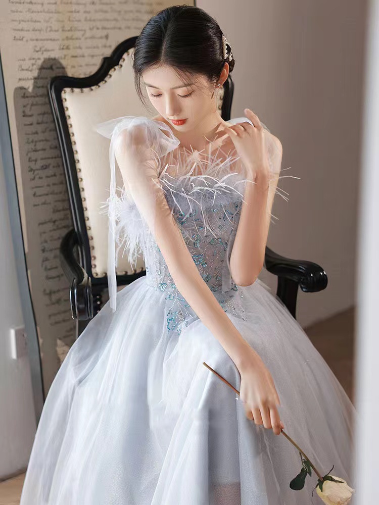 Blue Feather Party Dress, New Style, Strapless Birthday Dress,custom