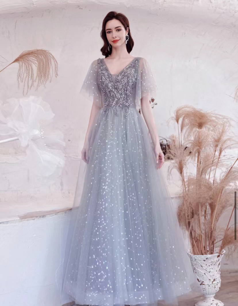 Gray Party Dress ,vneck Prom Dress, Fairy Evening Dress,sequin