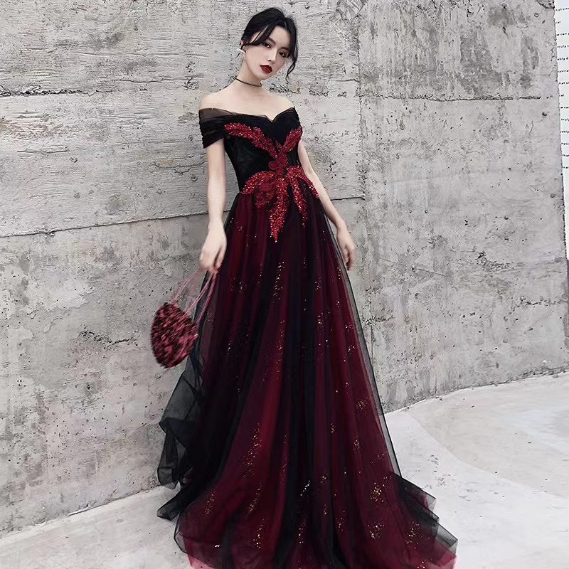 Atmospheric Evening Dress,black And Burgundy Prom Dress,charming Party ...