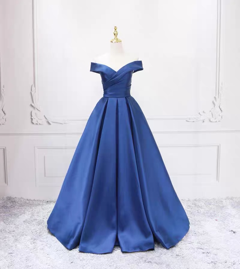 Royal Blue Satin Off Shoulder with Lace Long Formal Dress, Royal Blue Evening Dress Prom Dress main image 1