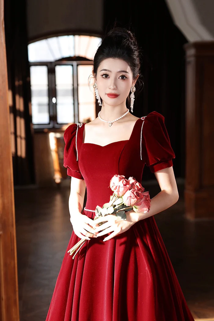 Elegant Velvet Burgundy Long Party prom Dress, A-Line Evening Gown   cg13133