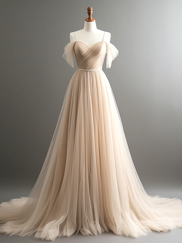 Beautiful Champagne Off Shoulder Tulle A-line Party Dress, Long Prom Dress main image 0