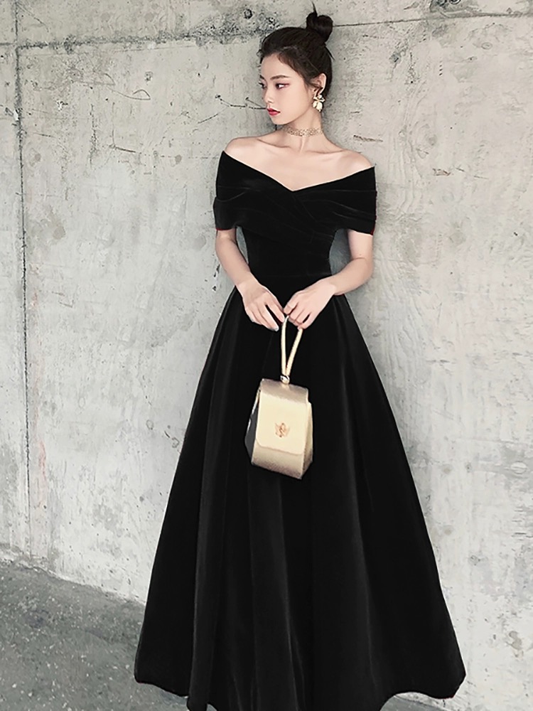 Black Off Shoulder Chic Sweetheart Party Dress,velvet Evening Dress on ...