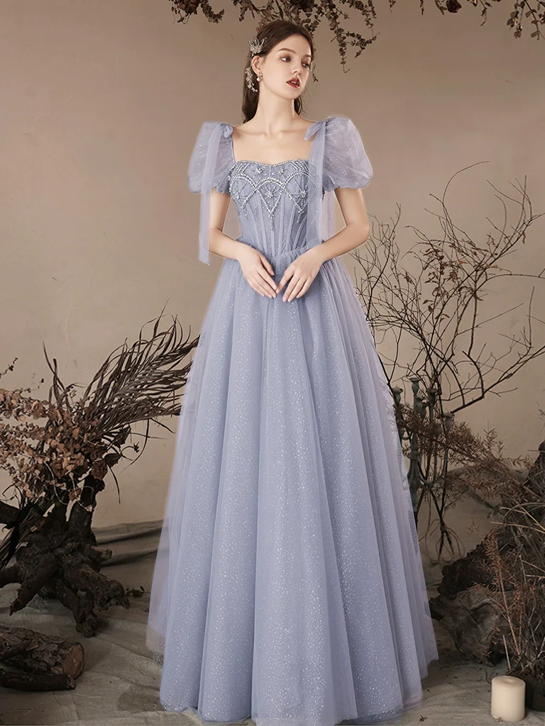 A-line Sweetheart Neck Tulle Beads Blue Long Prom Dress, Blue Long ...