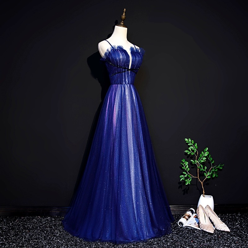 Navy Blue Spaghetti Strap Party Dress Glitter Prom Dress On Luulla