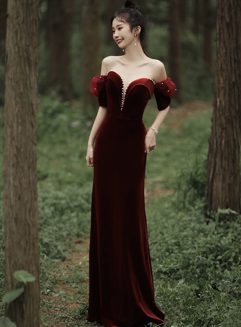 Sexy Mermaid Straps Velvet Burgundy Long Prom Dress Evening Dresses