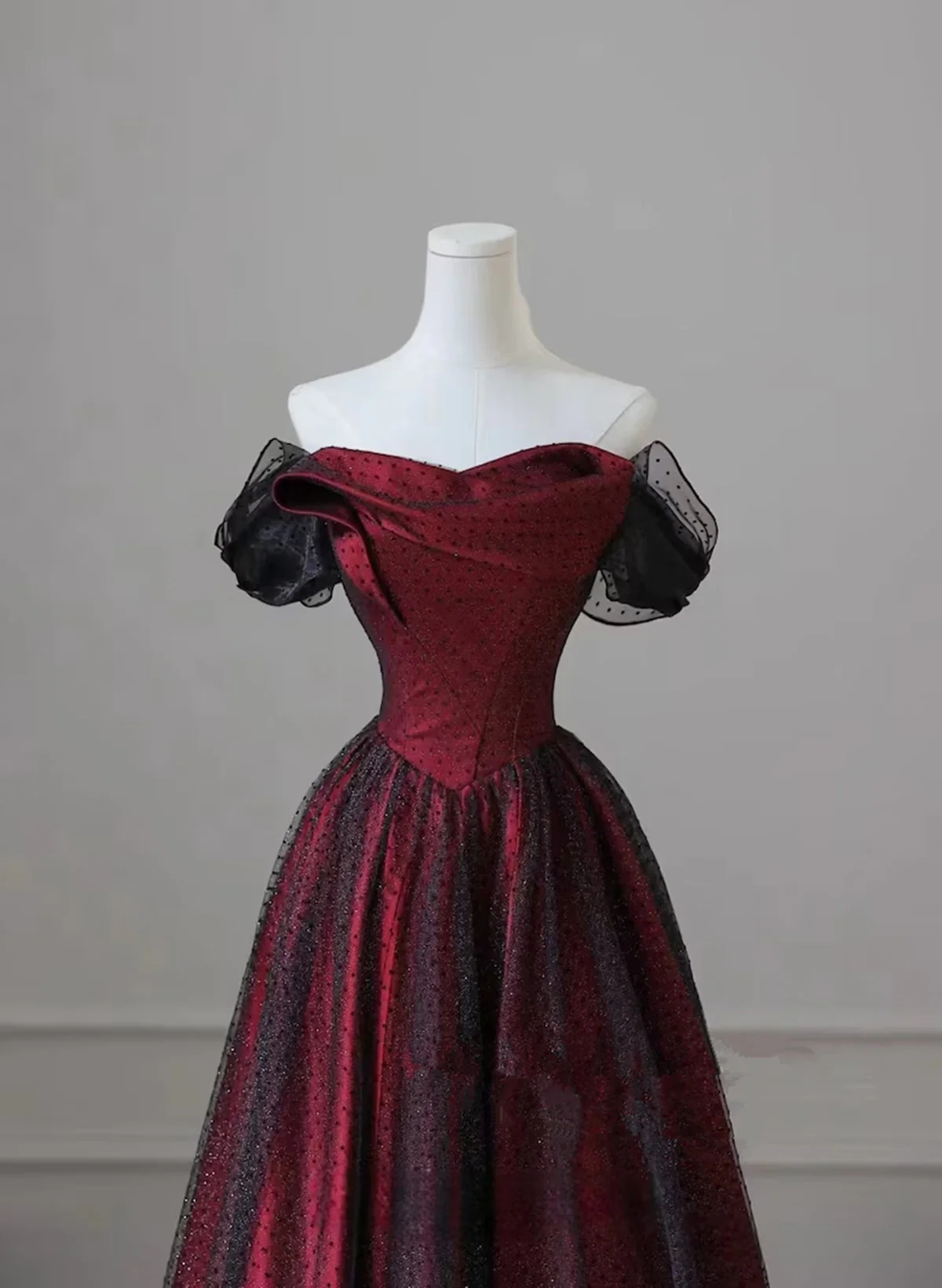 Elegant Black and Red Tulle with Lace Off Shoulder Gown, Black and Red Prom Dress