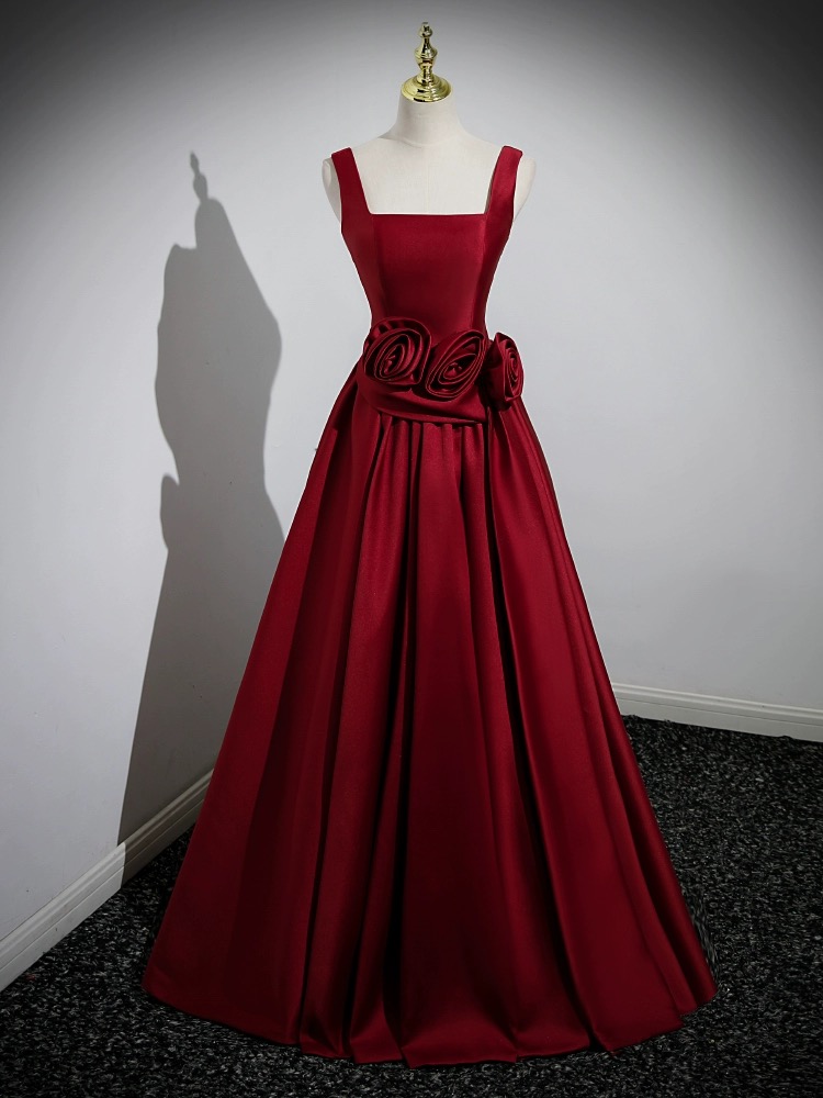 Red Satin Flowers Beautiful V-neckline Party Dress , Charming Formal Gown