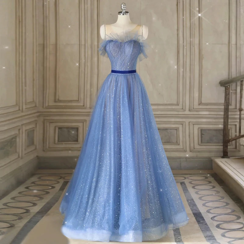 Sparkling Blue Tulle Gown With Off-shoulder Design on Luulla