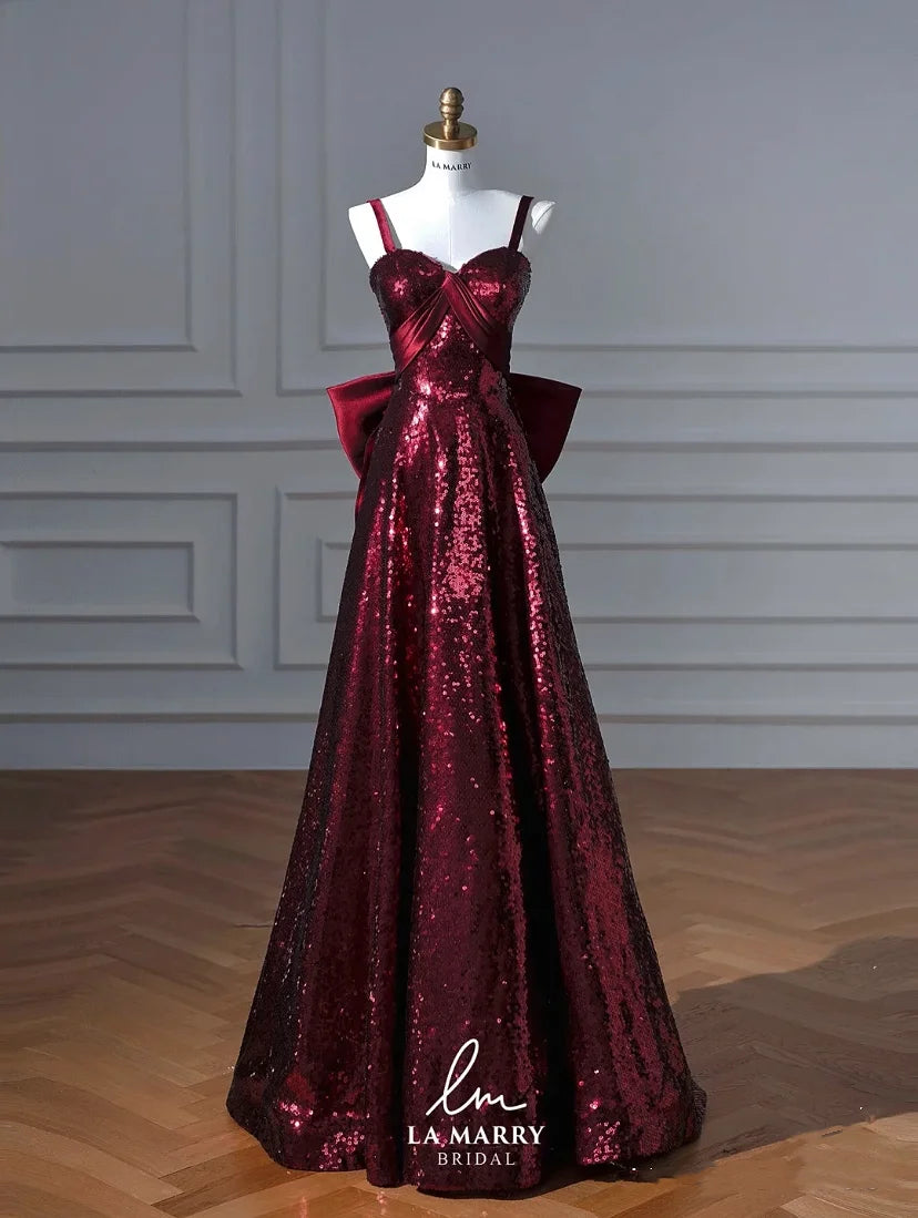 Sparkling Burgundy Sequin Gown With Bow Detail on Luulla