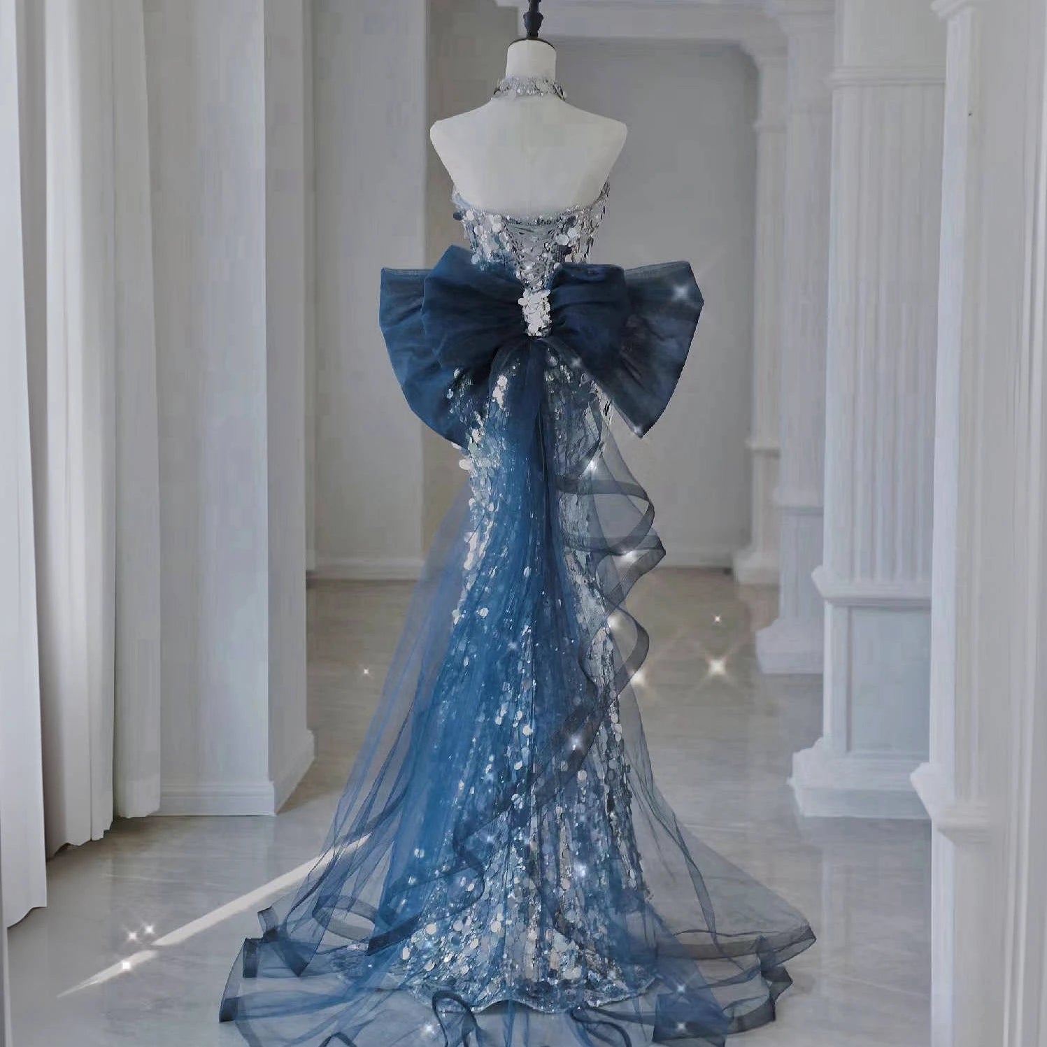 LUMIERE Silver Disco Sequin Mermaid Gown with Floral Appliqué