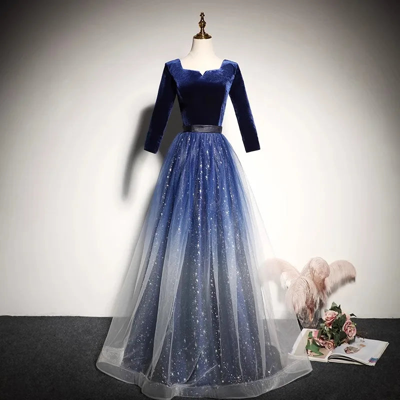 Blue Silk Velvet Gown with Crystal and Bead Embellishments main image 1