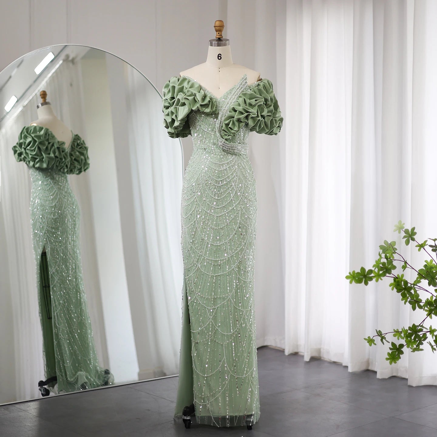 Off-the-Shoulder Sheath Gown with 3D Floral Edge Dark Green main image 0