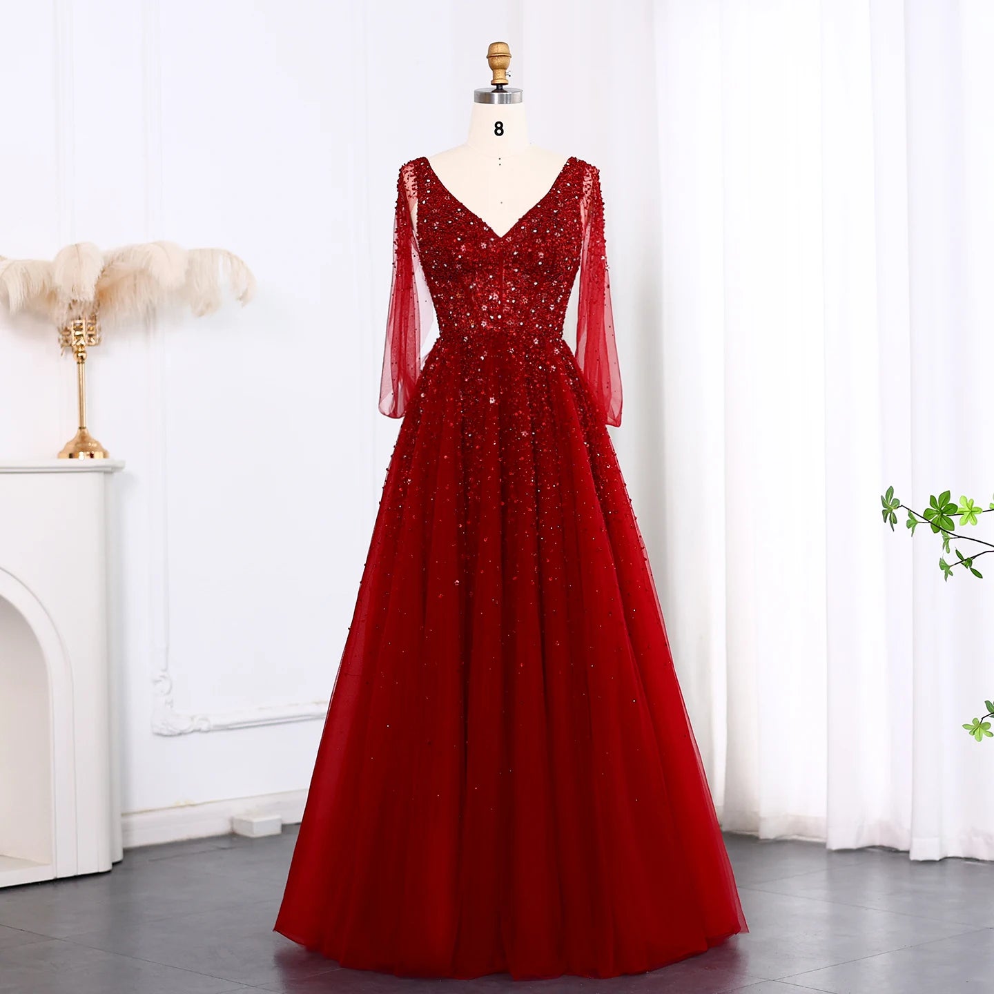 Stunning Red Sequined Gown With Sheer Sleeves on Luulla