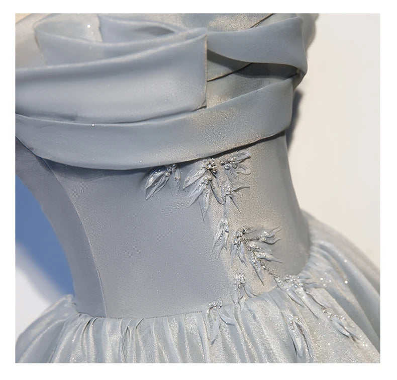Lace Bodice Off-Shoulder Floor-Length Gown Silver