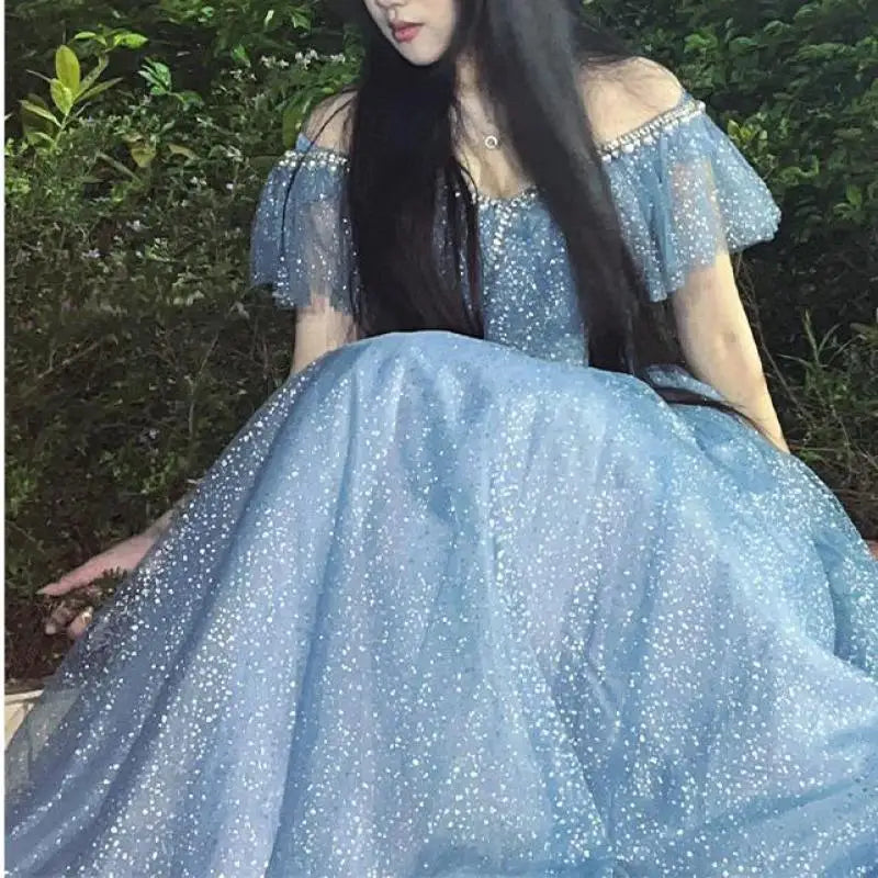 Off-shoulder Blue Gown With Sparkling Details on Luulla