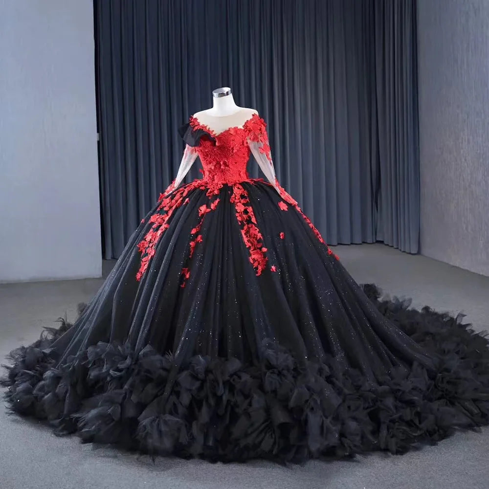 Stunning Black Gown With Red Floral Details on Luulla