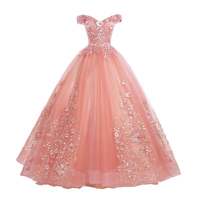Floral Embroidered Pink Tulle Gown With Sleeves on Luulla