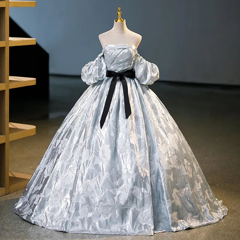 Silver Off-shoulder Gown With Black Bow Accent on Luulla