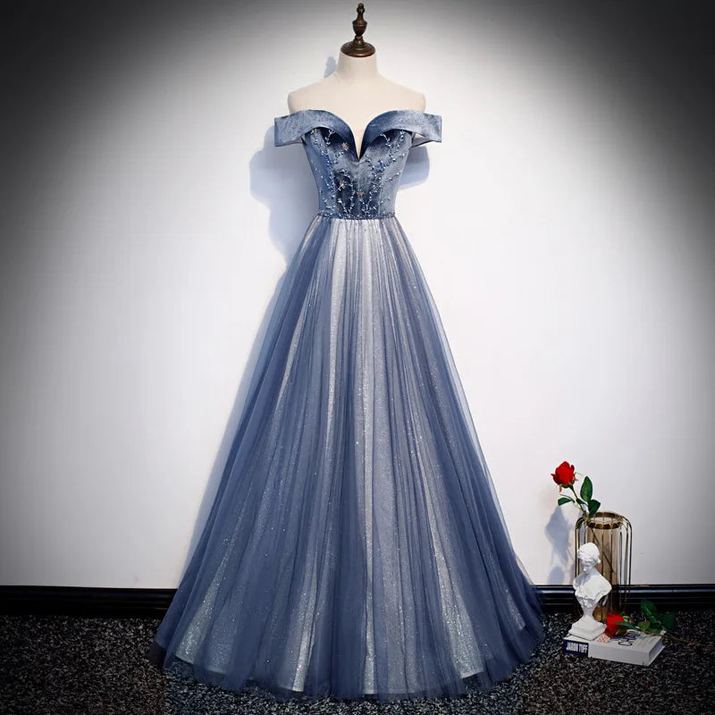 shimmering off-the-shoulder dress