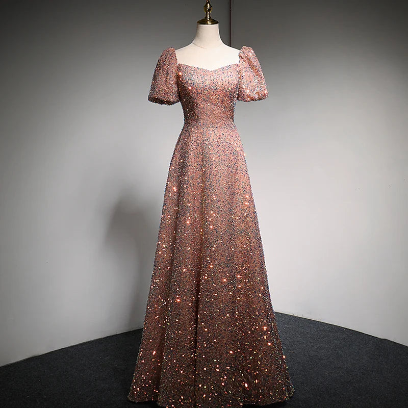 Sparkling Pink Gown With Puffy Sleeves Design on Luulla