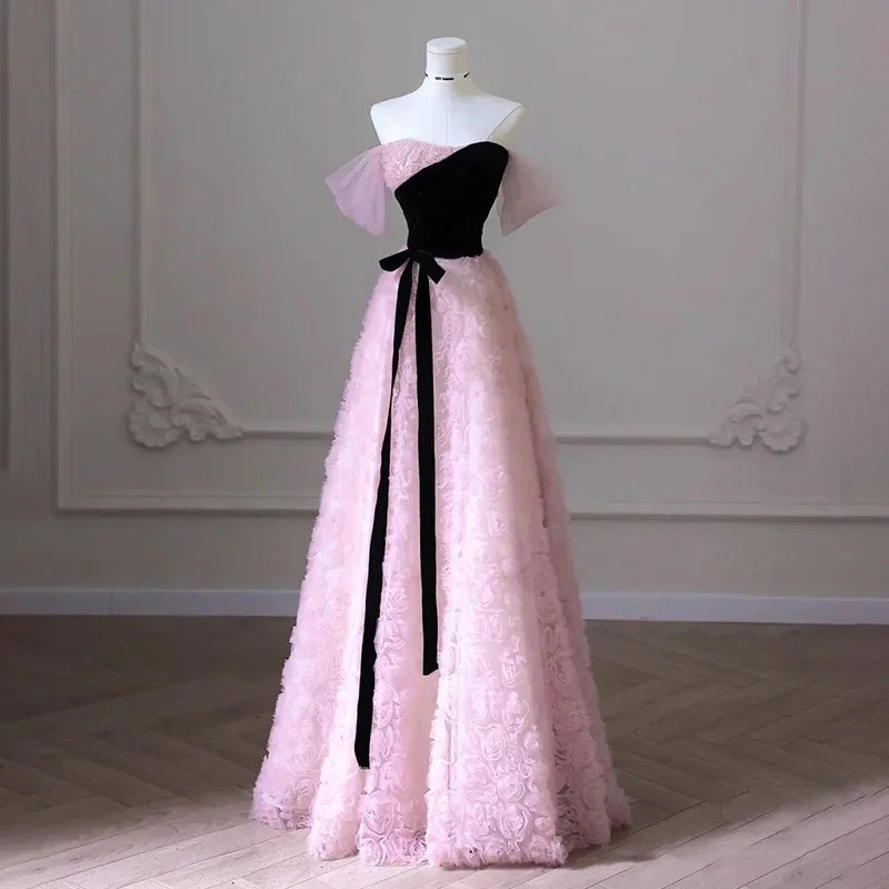 Strapless Pink Gown With Black Bow Accent on Luulla