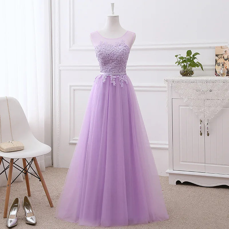 19368 Lavender Belted Transparent Tulle Evening Gown