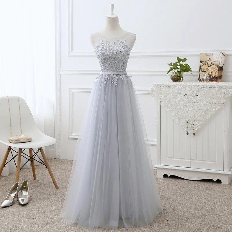 Tulle with Lace Appliqued Long Dresses Lavender