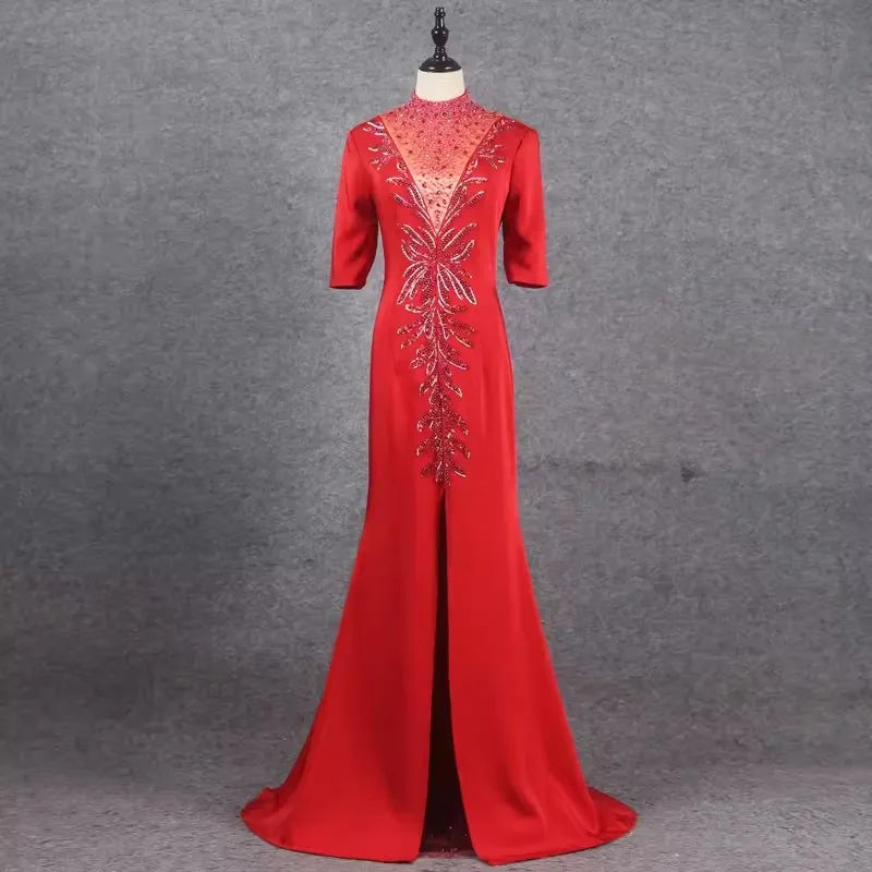 Red Long-sleeve Gown With Lace Detailing on Luulla