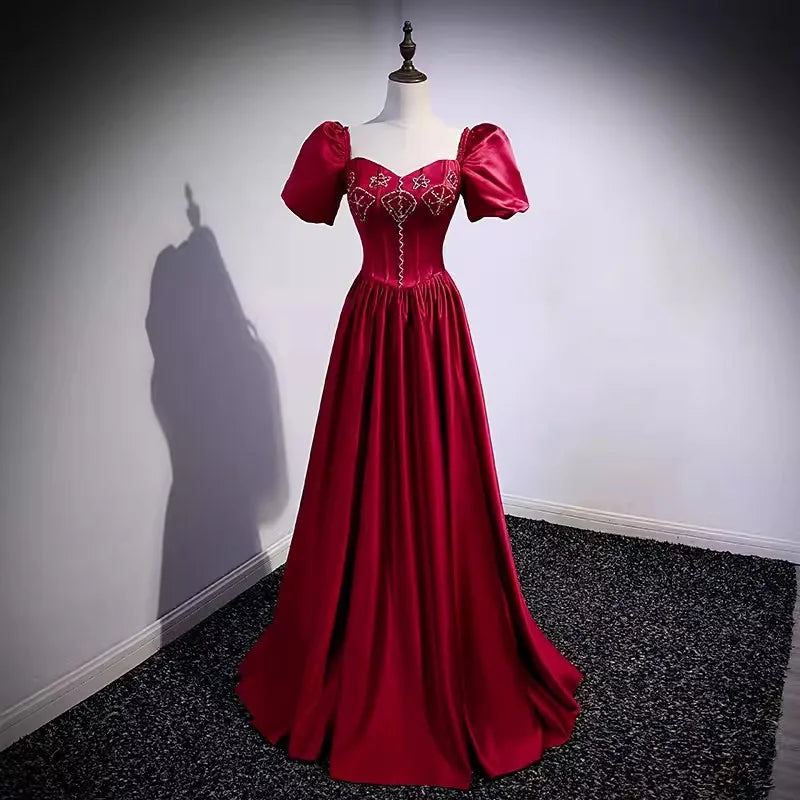 Vintage Red Satin Gown With Puff Sleeves on Luulla