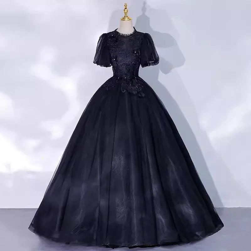 Black Lace Gown With Sheer Puff Sleeves on Luulla