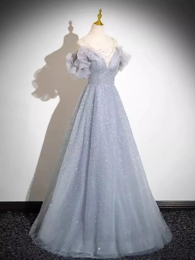 Sparkling A-line Gown With Tulle Sleeves on Luulla