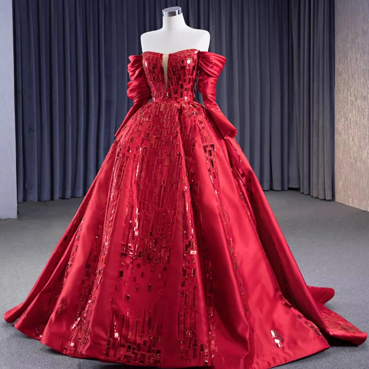 Red Strapless Sequin Gown With Bow Details on Luulla