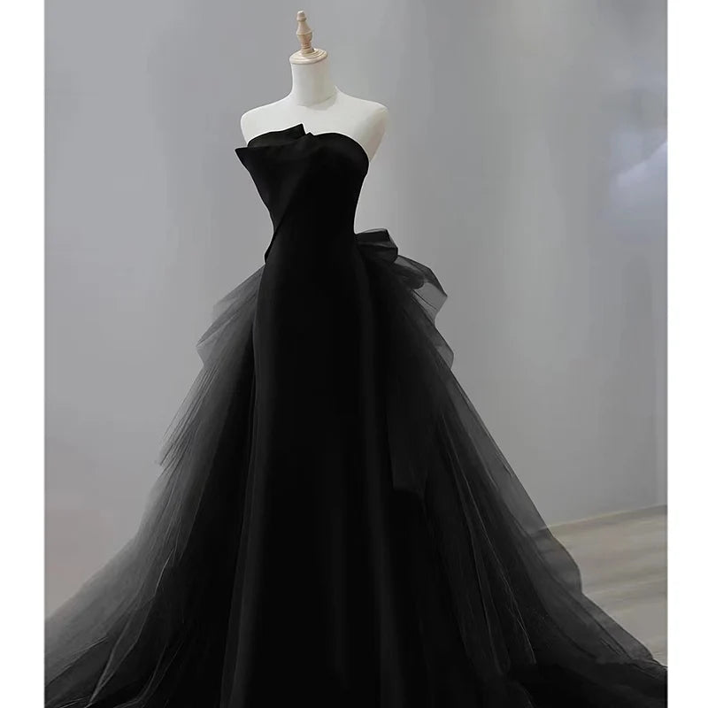 Strapless Black Gown With Tulle Overlay Details on Luulla