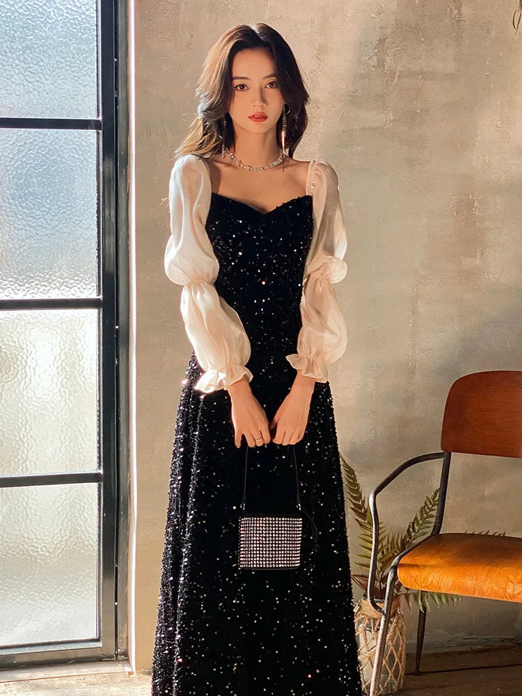 Sparkling Black Gown With Sheer Puff Sleeves on Luulla