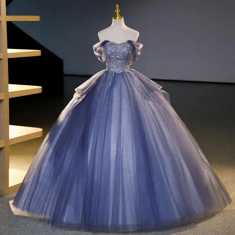 Glittering Off-shoulder Blue Tulle Ball Gown on Luulla