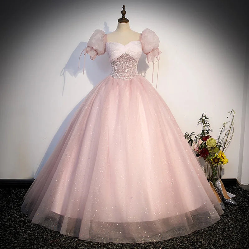 Sparkling Pink Ball Gown With Puff Sleeves on Luulla
