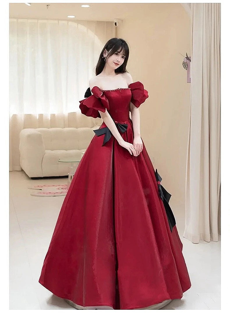 Red Off-shoulder Gown With Black Bow Accents on Luulla