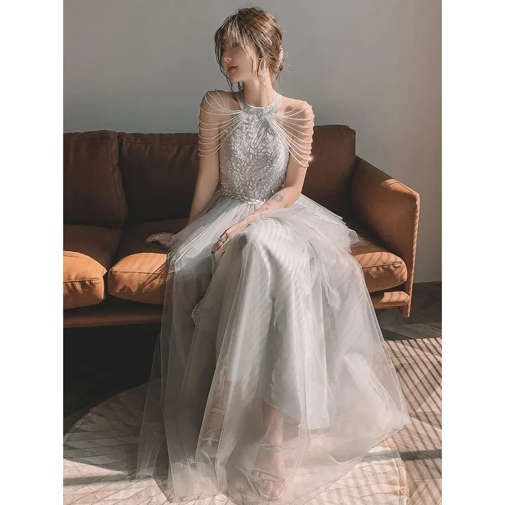 Chic Beaded Tulle Gown With Sheer Sleeves on Luulla