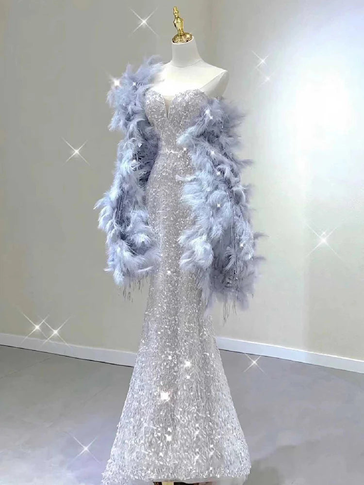 Sparkling Sequin Gown With Feathered Shawl Accent on Luulla