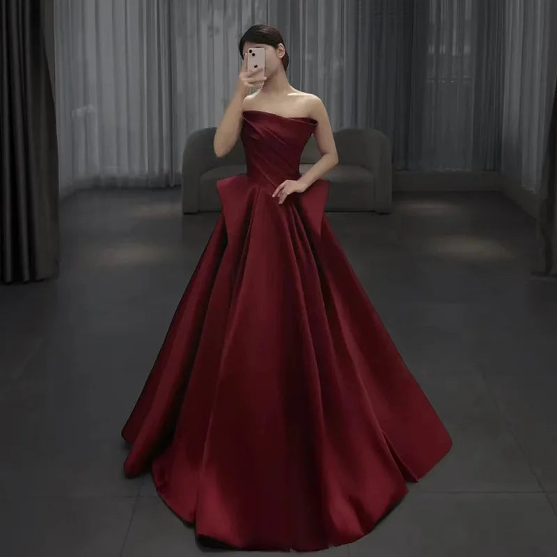 Fashion Strapless Ball Gown Burgundy Satin Layered Long Party Dress Evening Gown