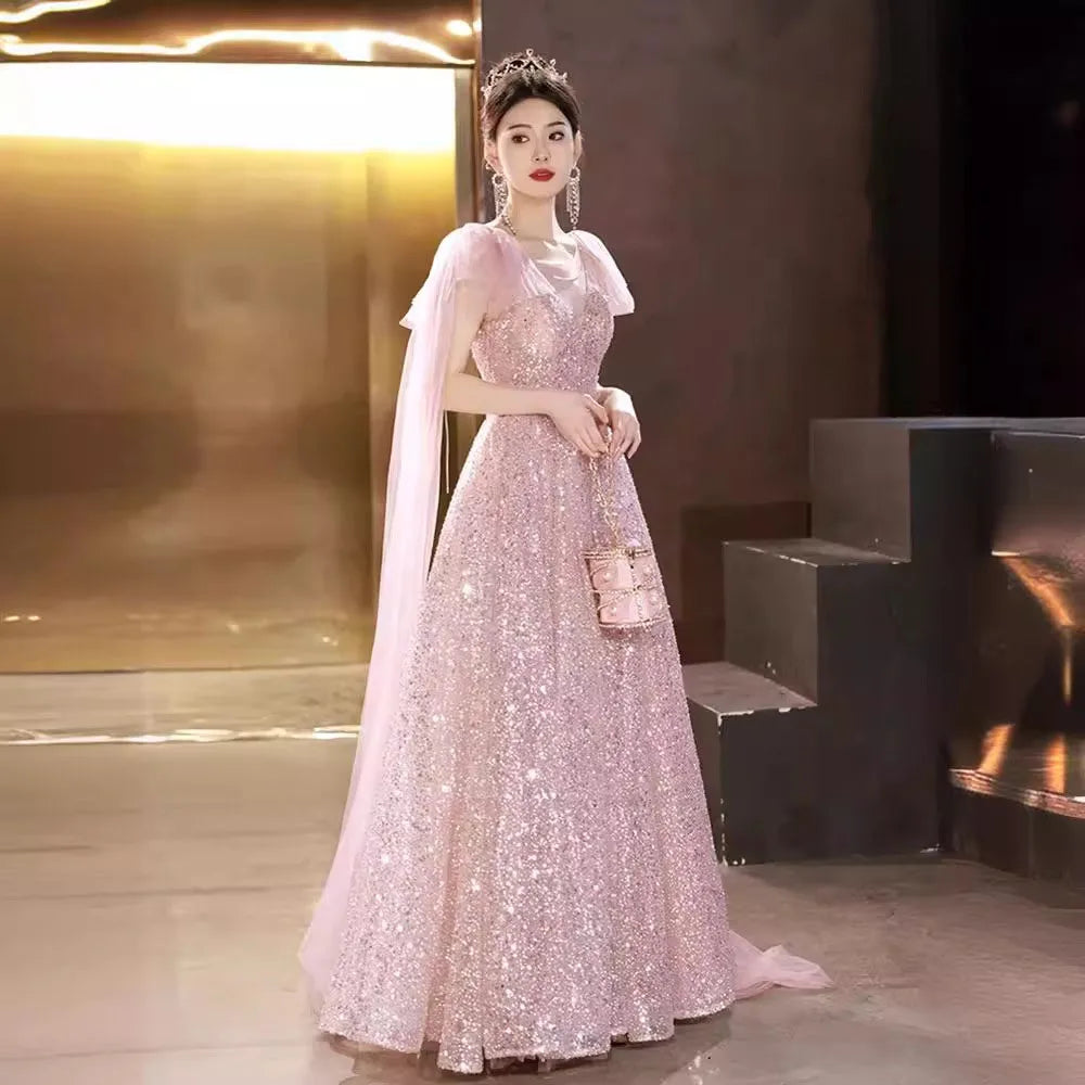 Glamorous Gold Sequin Evening Dress with Sheer Cape Overlay DP8006 main image 0