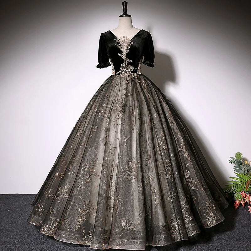 Mini Embroidered Black Velvet Gown main image 1
