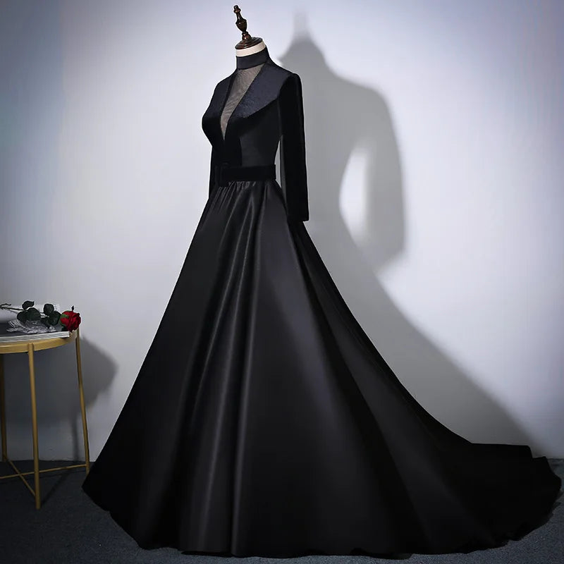 Black Satin Long-sleeve Formal Evening Gown on Luulla