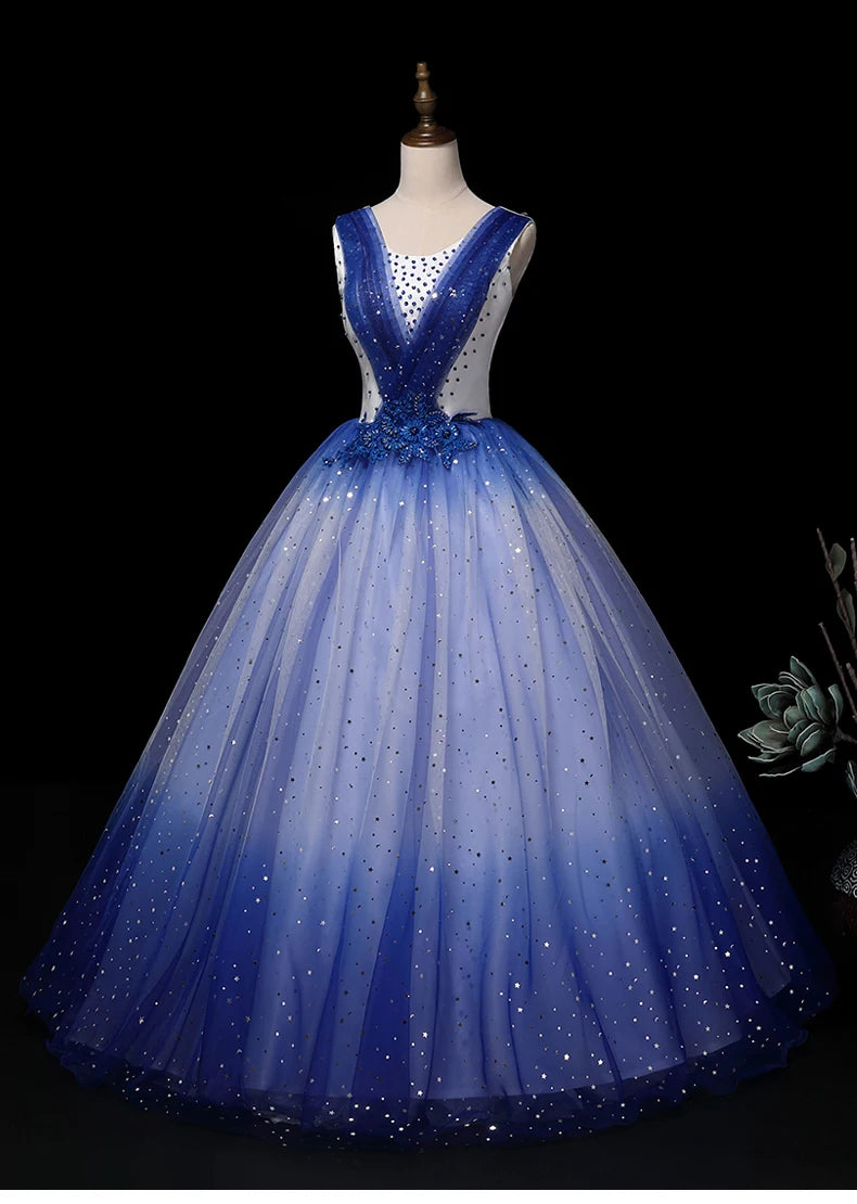 Sparkling Blue Tulle Gown With Floral Accents on Luulla