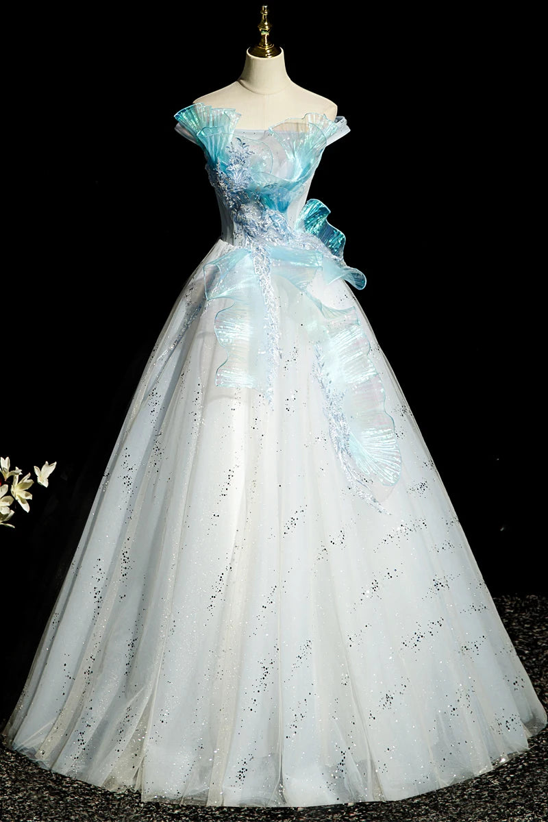 Sparkling White Gown With Blue Bow Accent on Luulla